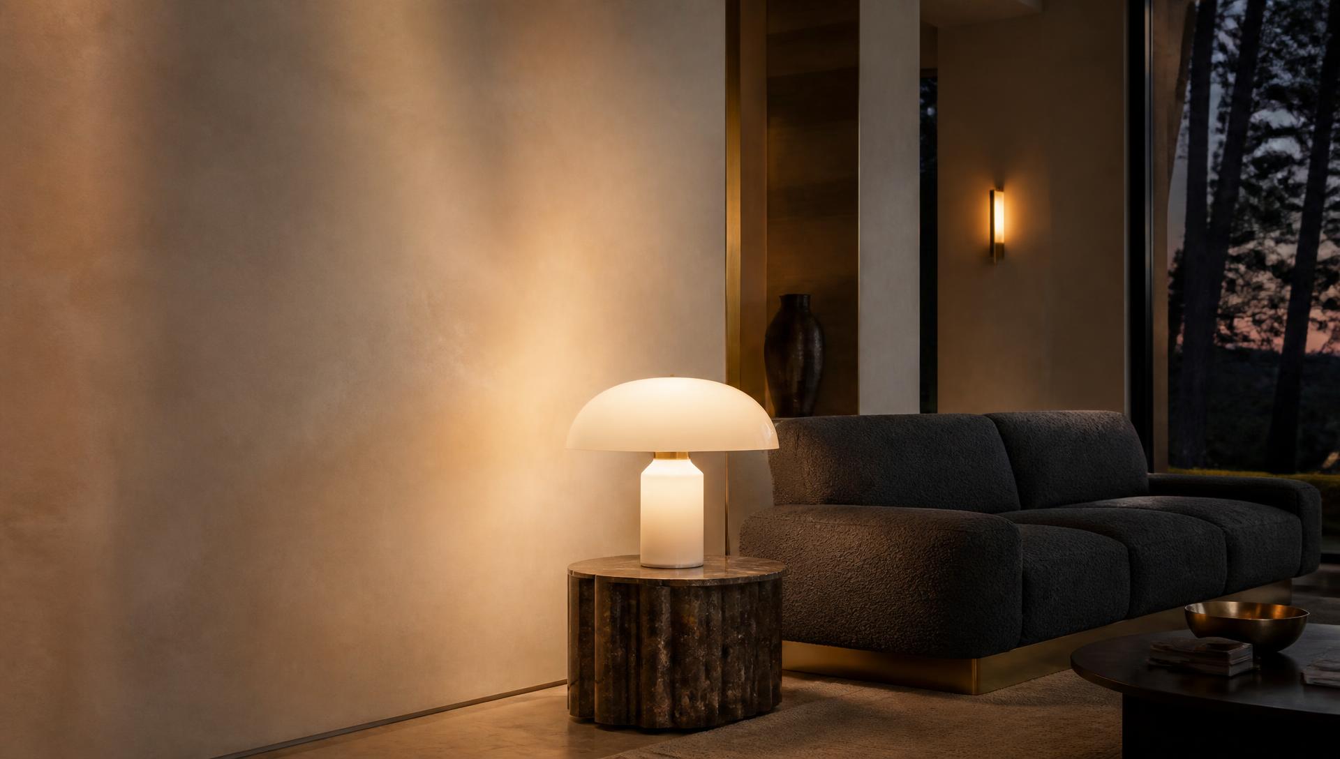 Sculptural Maison Lumora lamp illuminating a refined contemporary living room